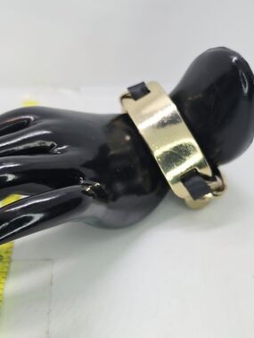 Vintage Chunky Gold Tone Black Leather Woven ID Plate Curb Chain Bracelet Bold